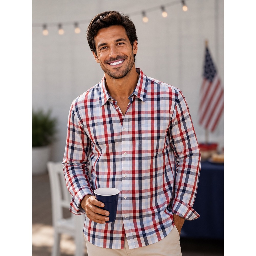 Galaxy by Harvic NWT XL Patriotic Red Blue Plaid Slim Fit Shirt